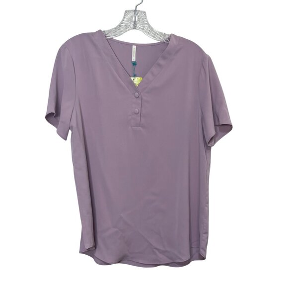 Anydeer Vneck Blouse Shirt Womens Medium Purple New Short Sleeve Button Detail - Picture 1 of 10